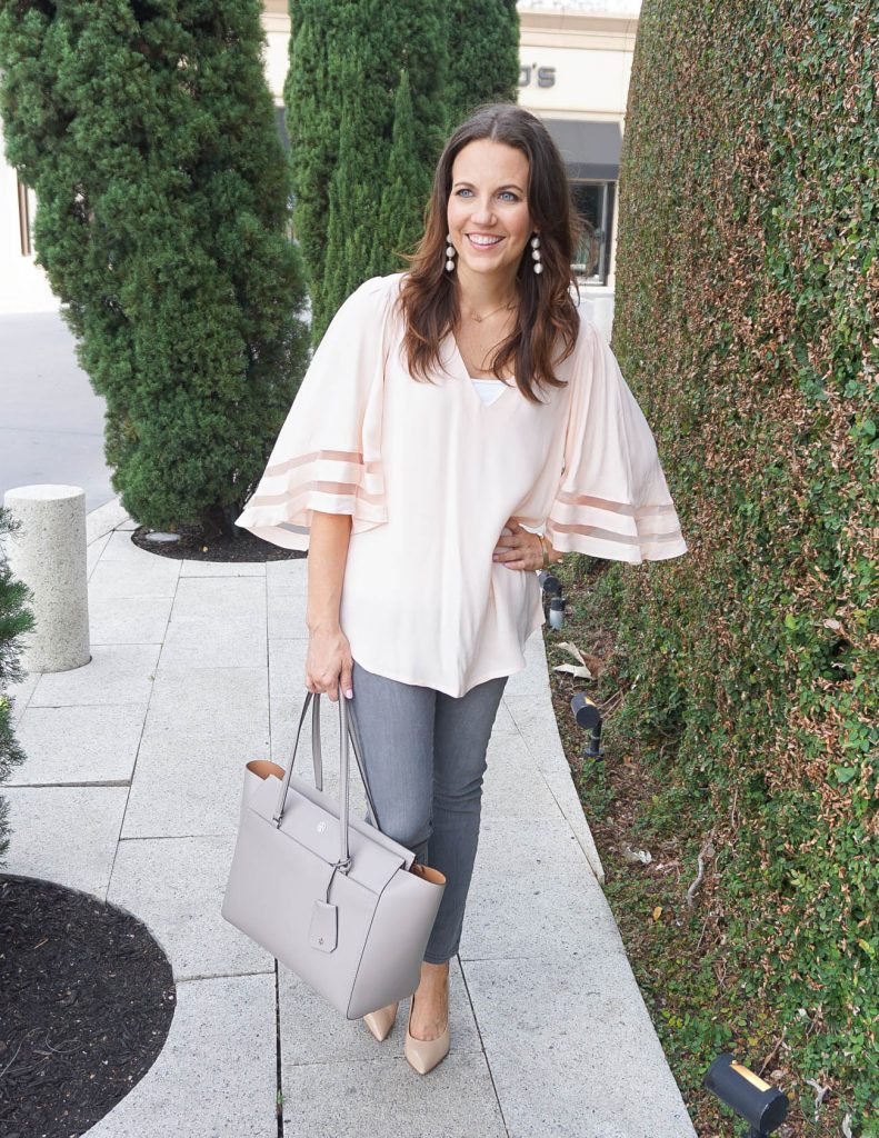 Casual Spring Outfit | Blush Pink Blouse | Gray Skinny Jeans | Houston Fashion Blogger Lady in Violet