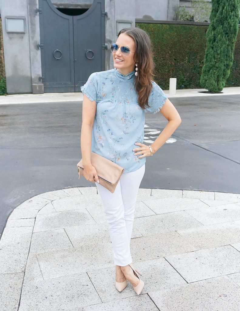 Summer Outfit | Blue Floral Blouse | White Jeans | Houston Fashion Blogger Lady in Violet