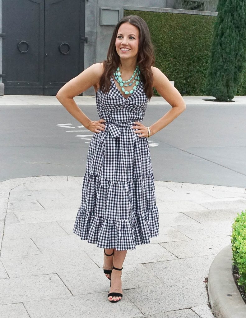 Spring Date Night Outfit | Gingham Dress | Block Heel Sandals | Houston Fashion Blogger Lady in Violet