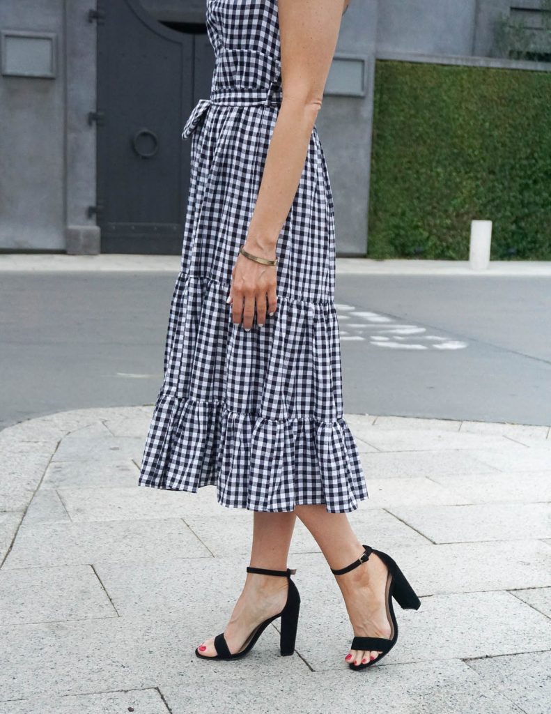 Spring Outfit | Gingham Midi Dress | Black Block Heel Sandals | Houston Fashion Blogger Lady in Violet
