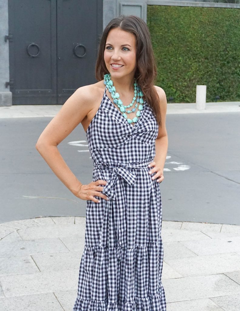 Spring Brunch Outfit | Gingham Halter Dress | Turquoise Necklace | Houston Fashion Blogger Lady in Violet