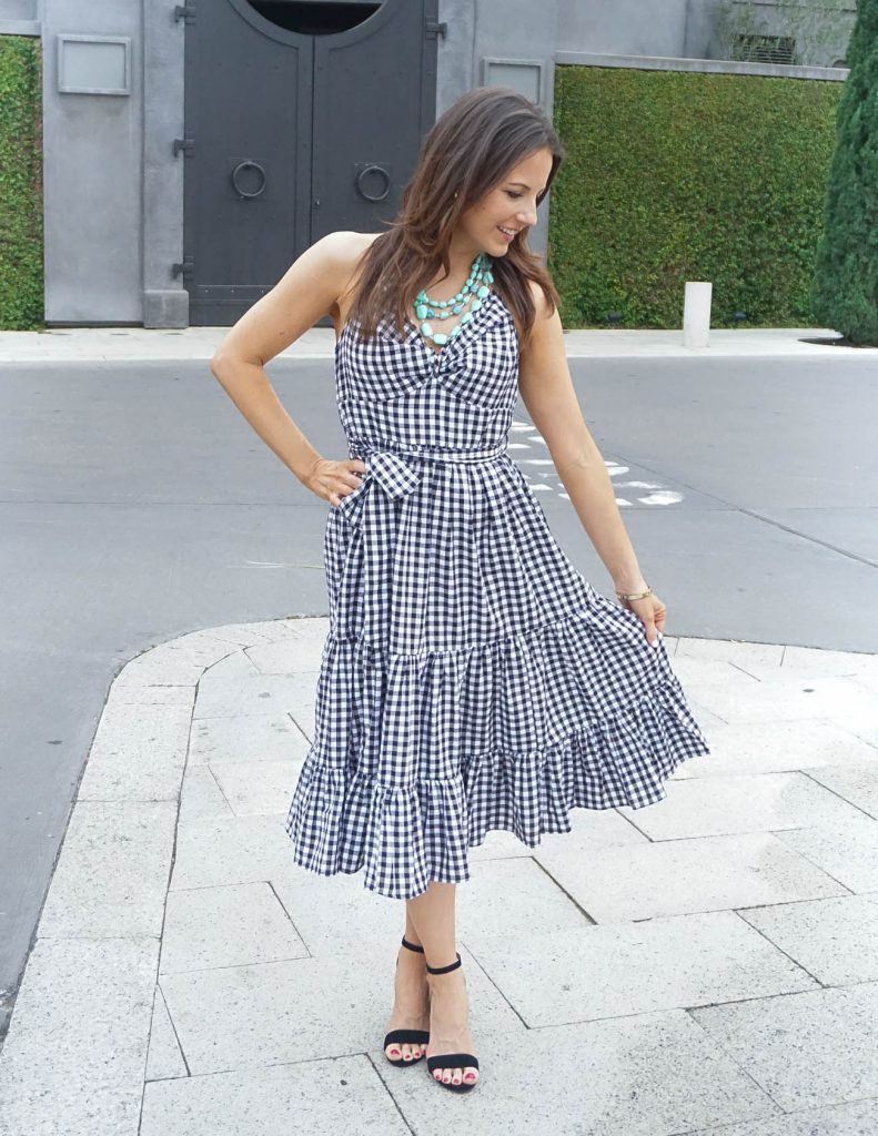 Bridal Shower Outfit | Gingham Ruffle Dress | Statement Necklace | Houston Fashion Blogger Lady in Violet