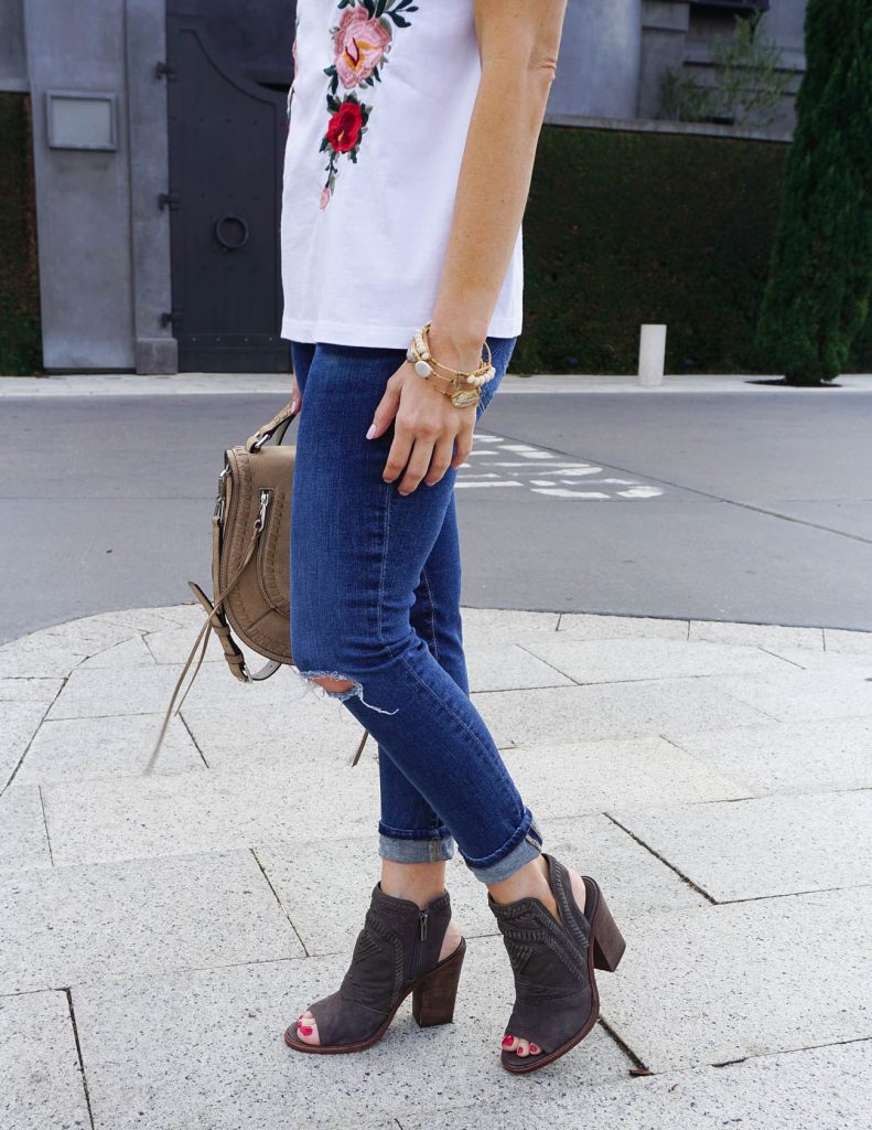 Casual Outfit | Distressed Skinny Jeans | Peep Toe Booties | Houston Fashion Blogger Lady in Violet