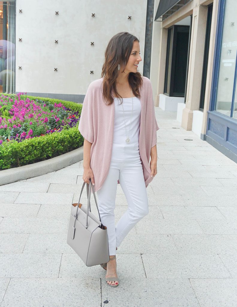 blush pink scarf with beige sweater outfit, white boyfriend jeans, how to  wear pink and white for spring, gold New Balance sneakers outfit - Meagan's  Moda