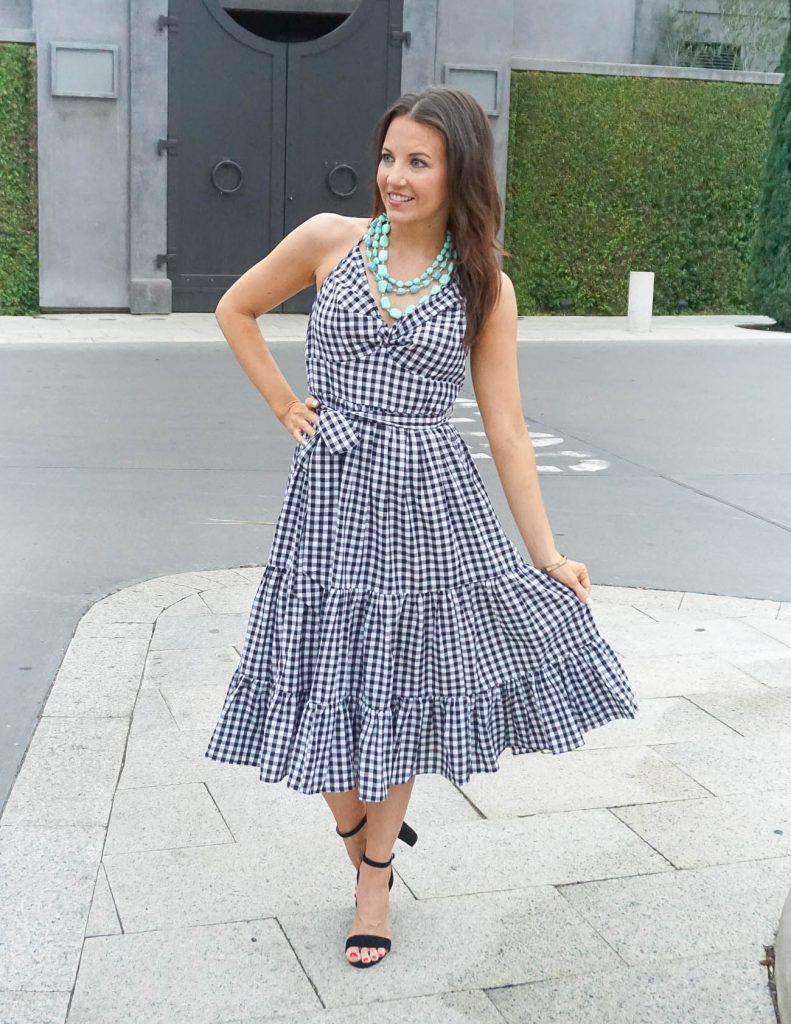 Spring Outfit | Gingham Print Dress | Block Heel Sandals | Houston Fashion Blogger Lady in Violet