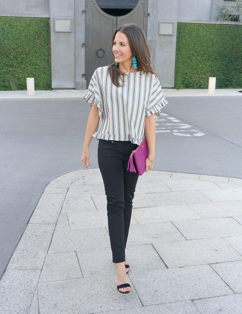 Spring Outfit | Gray Striped Ruffle Top | Black Skinny Jeans | Houston Fashion Blogger Lady in Violet