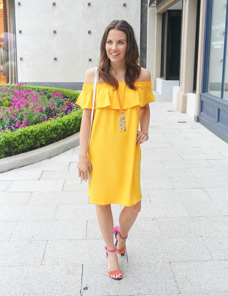 Spring Outfit | Yellow Off the Shoulder Dress | Block Heel Sandals | Houston Fashion Blogger Lady in Violet