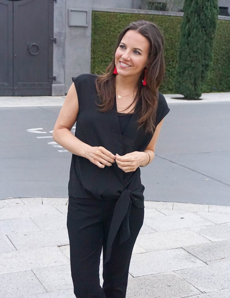 Office Outfit | Black Wrap Top | Red Statement Earrings | Houston Fashion Blogger Lady in Violet