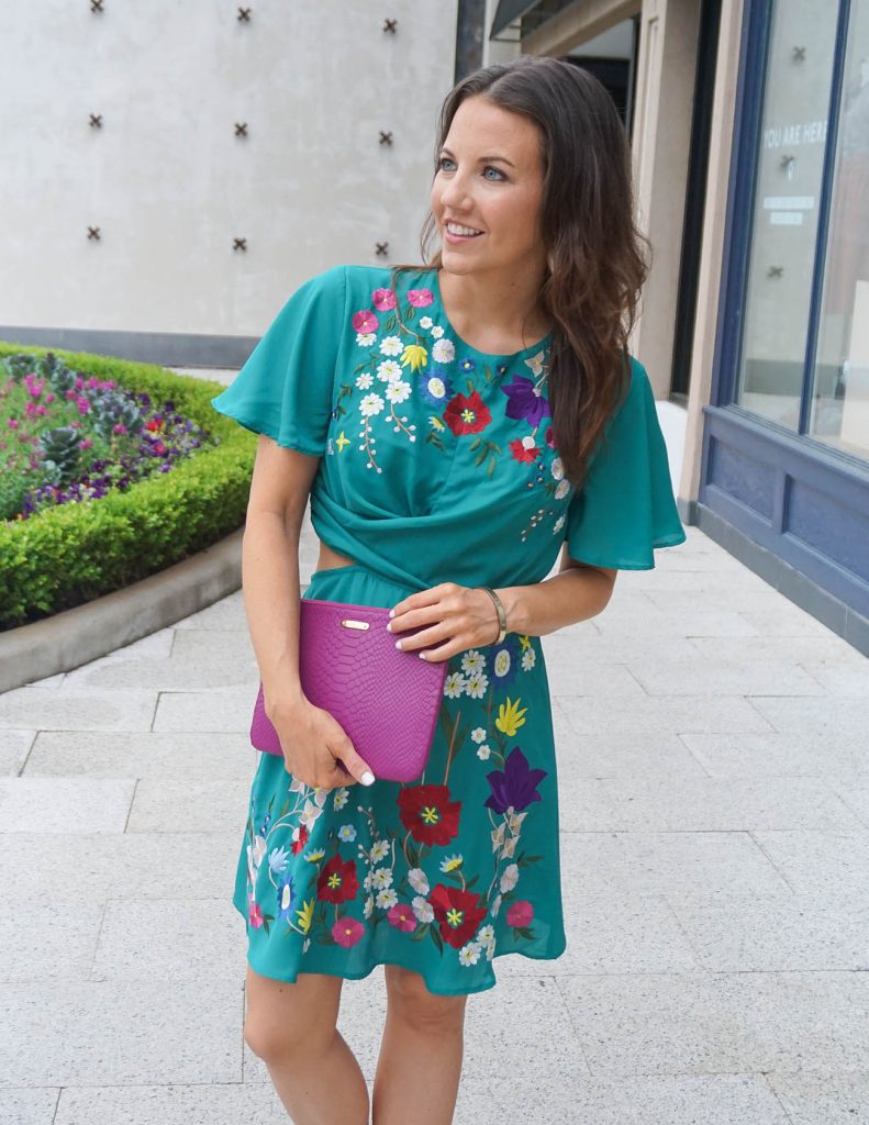 Spring Outfit | Green Floral Dress | Dark Pink Clutch | Houston Fashion Blogger Lady in Violet