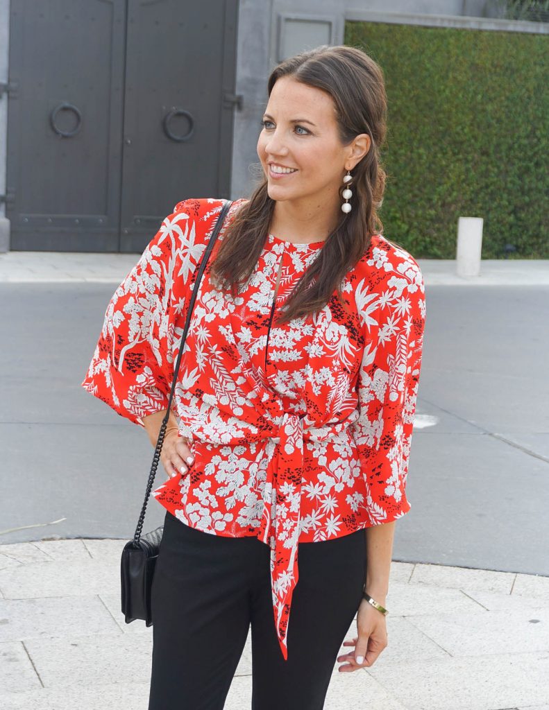Spring Work Outfit | Red Floral Blouse | White Ball Earrings | Houston Fashion Blogger Lady in Violet