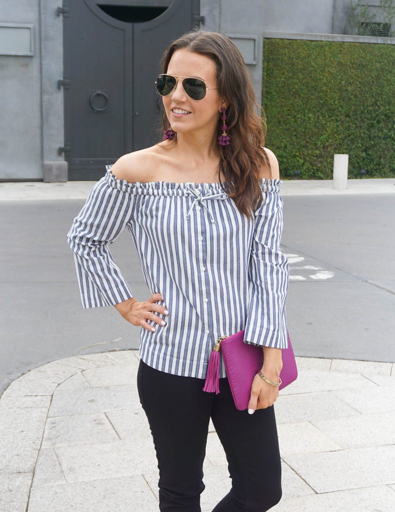 Weekend Outfit | Striped Off the Shoulder Top | Pink Clutch Purse | Houston Fashion Blogger Lady in Violet