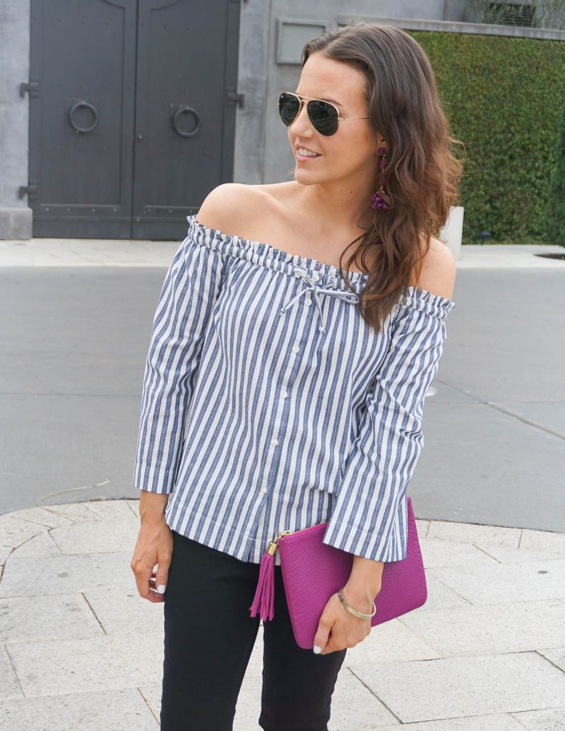 Casual Outfit | Striped OTS Top | Berry Statement Earrings | Houston Fashion Blogger Lady in Violet