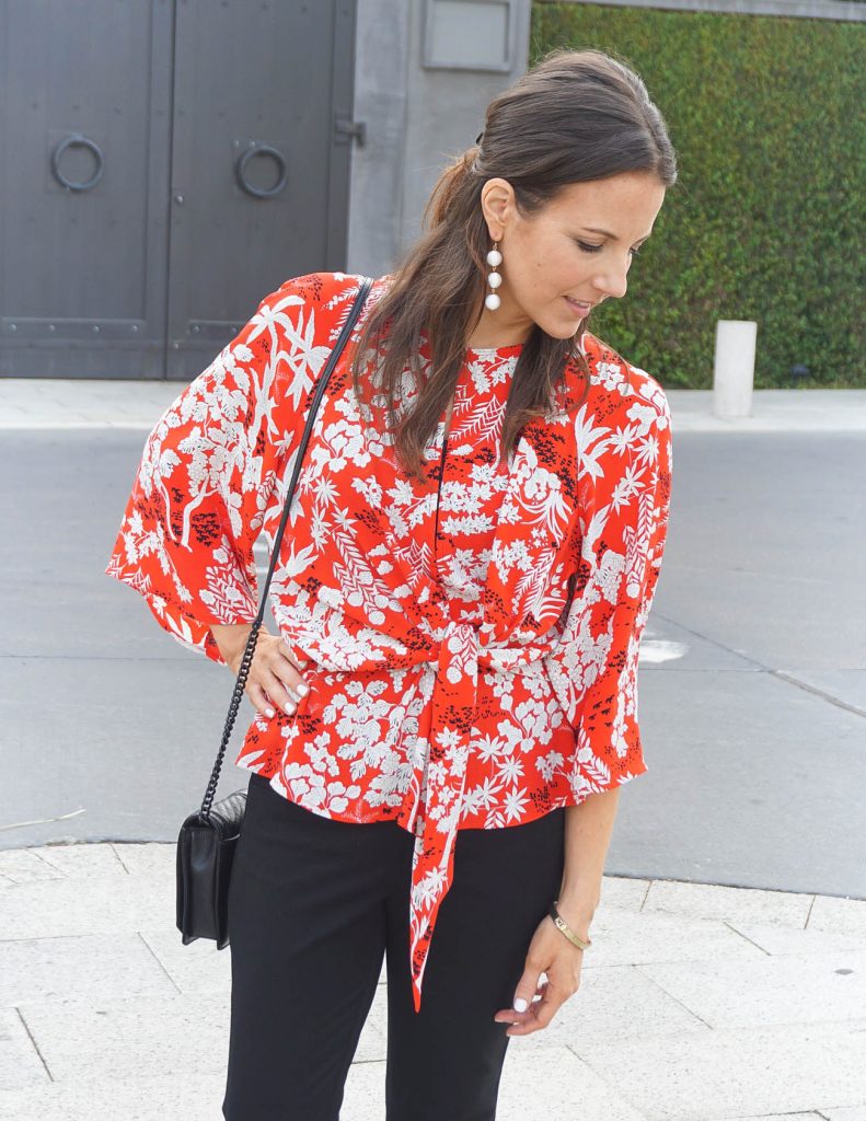 Fall Work Outfit | Red Floral Blouse | White Statement Earrings | Houston Fashion Blogger Lady in Violet