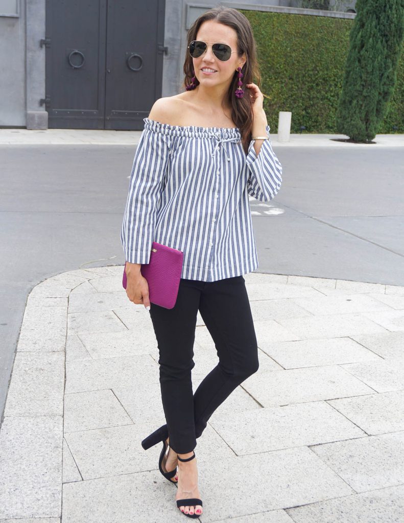 Date Night Outfit | Striped Off the Shoulder Top | Black Jeans | Houston Fashion Blogger Lady in Violet