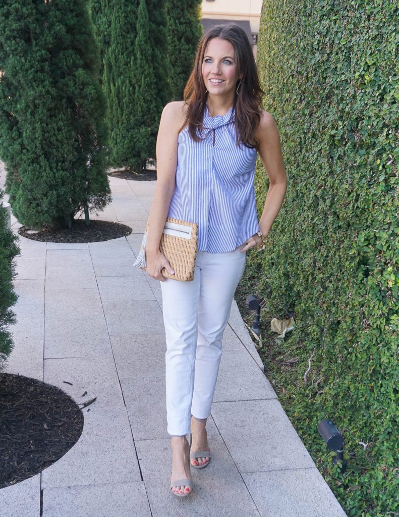 Kentucky Derby Outfit Idea | Blue Striped Halter Top | White Jeans | Houston Fashion Blogger Lady in Violet