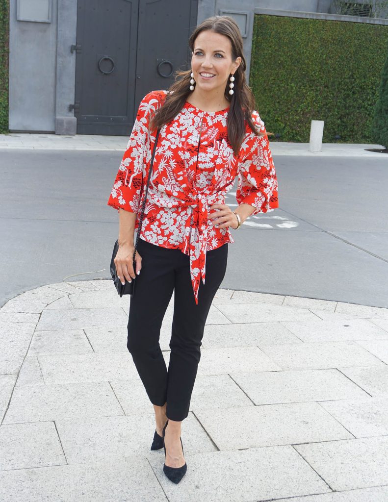 Office Outfit | Red Tie Waist Blouse | Black Skinny Pants | Houston Fashion Blogger Lady in Violet