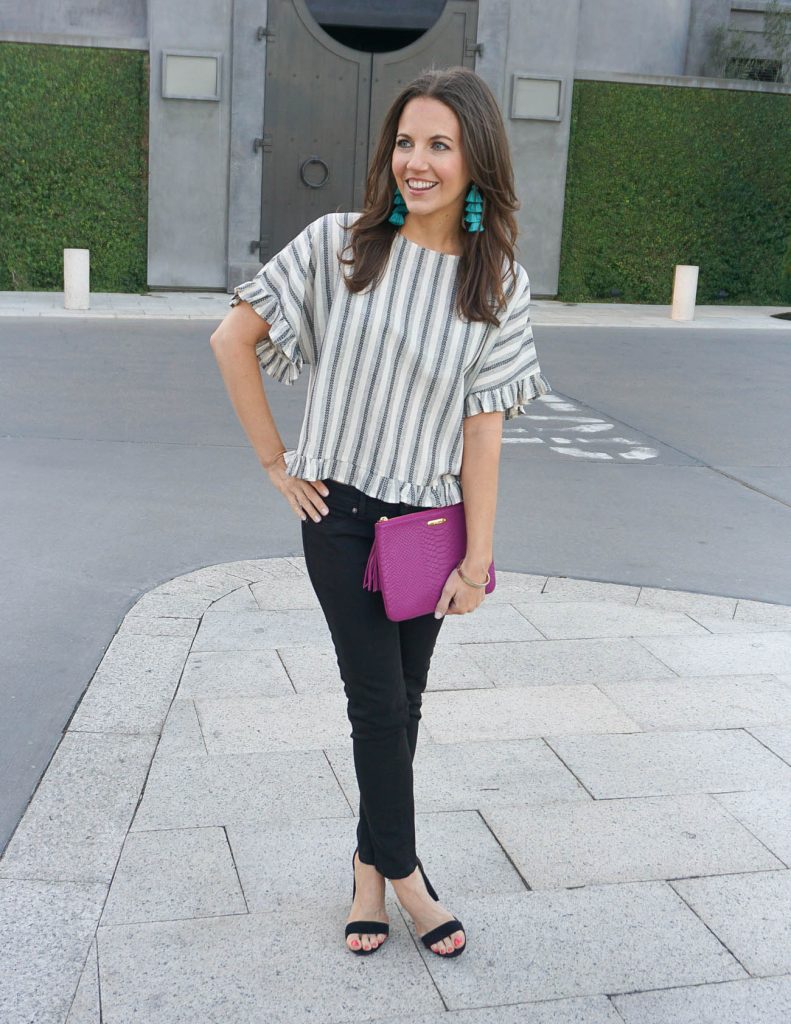 Weekend Outfit | Gray Striped Ruffle Top | Black Skinny Jeans | Houston Fashion Blogger Lady in Violet