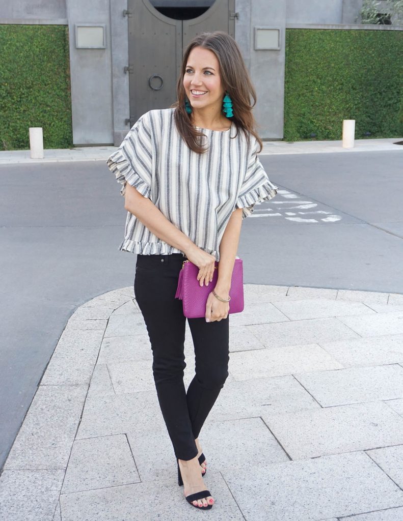 Casual Outfit | Gray Striped Top | Black Jeans | Houston Fashion Blogger Lady in Violet