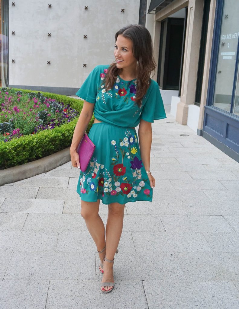 Spring It Dress | Taupe Block Heel Sandals | Pink Clutch | Houston Fashion Blogger Lady in Violet