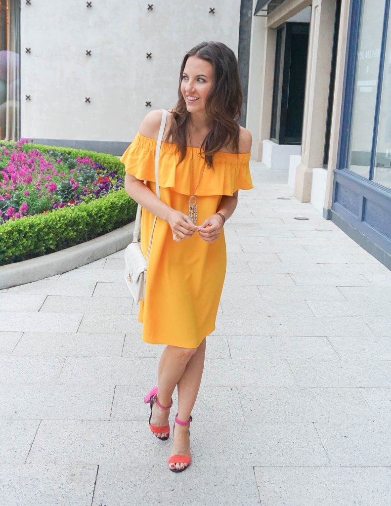 Summer Outfit | Yellow Off the Shoulder Dress | Block Heel Sandals | Houston Fashion Blogger Lady in Violet