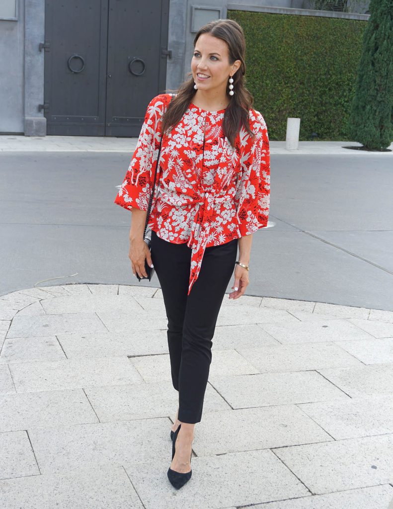 Work Outfit | Red Floral Blouse | Black Pants | Houston Fashion Blogger Lady in Violet