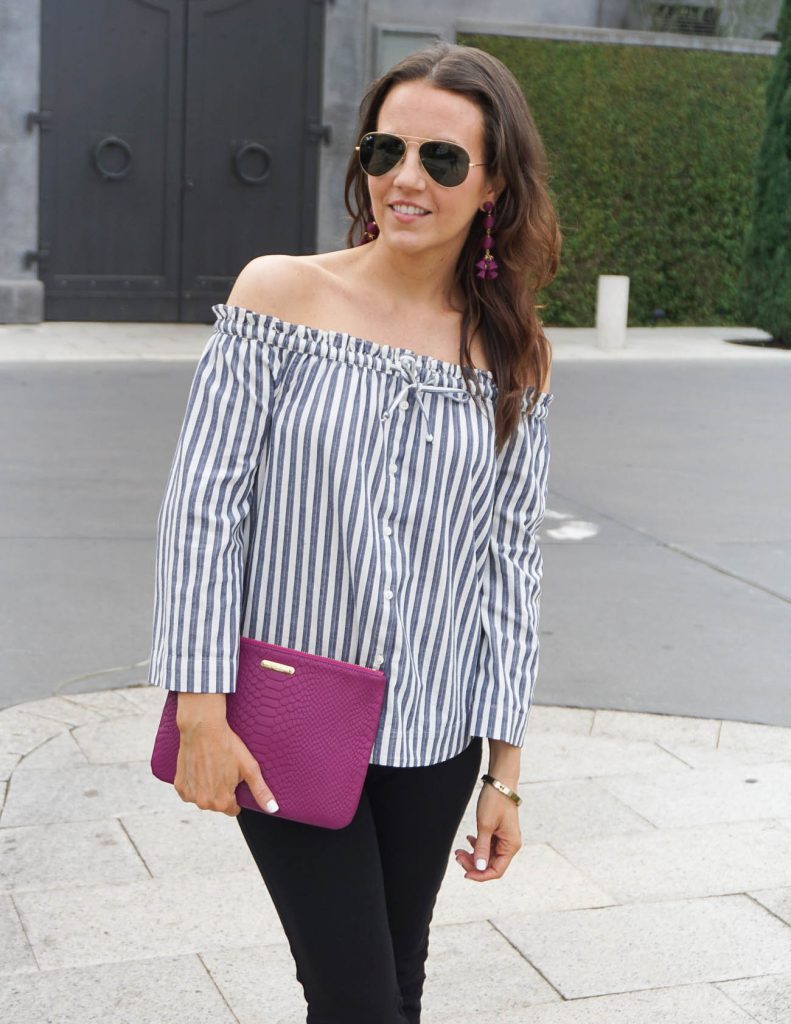 Casual Outfit | Striped Off the Shoulder Top | Statement Earrings | Houston Fashion Blogger Lady in Violet