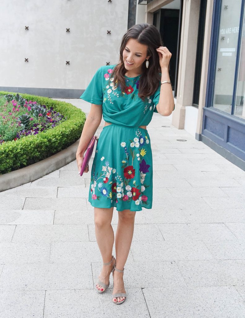 Spring Wedding Outfit | Teal Dress | Taupe Block Heel Sandals | Houston Fashion Blogger Lady in Violet