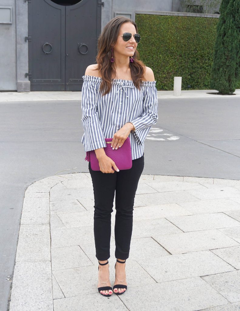 Spring Weekend Outfit | Blue Striped Top | Black Jeans | Houston Fashion Blogger Lady in Violet