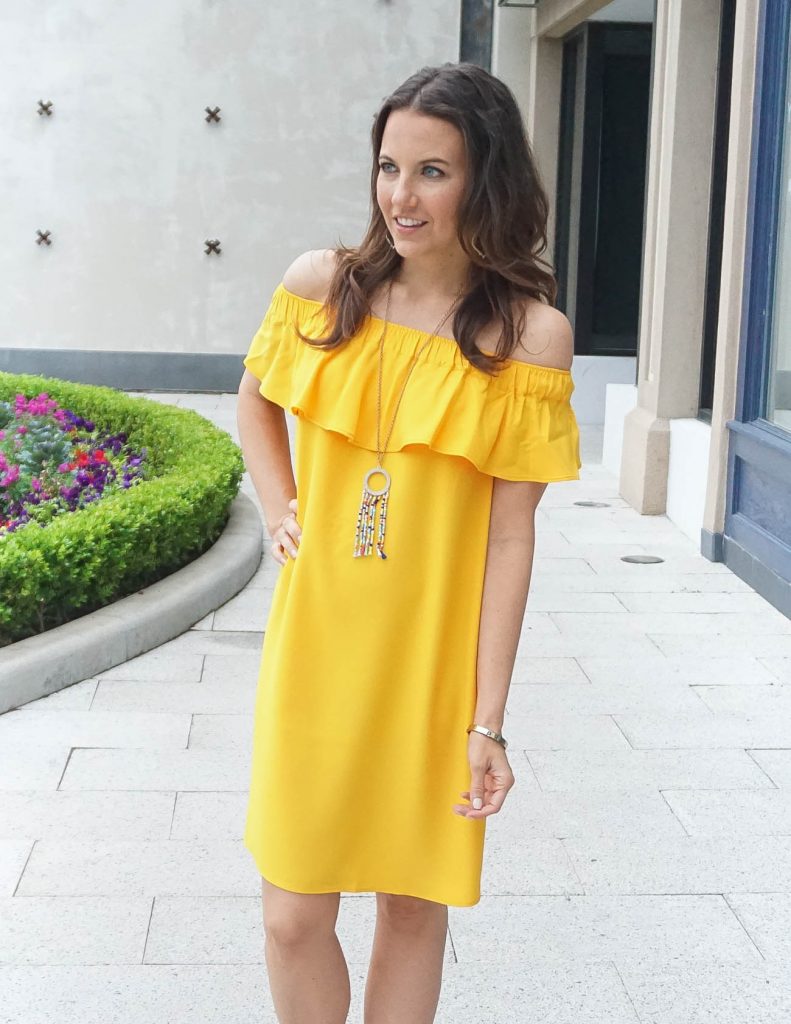 Spring Outfit | Yellow Off the Shoulder Dress | Beaded Necklace | Houston Fashion Blogger Lady in Violet
