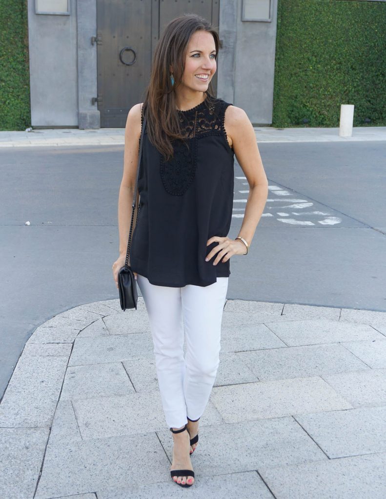 black top with white jeans