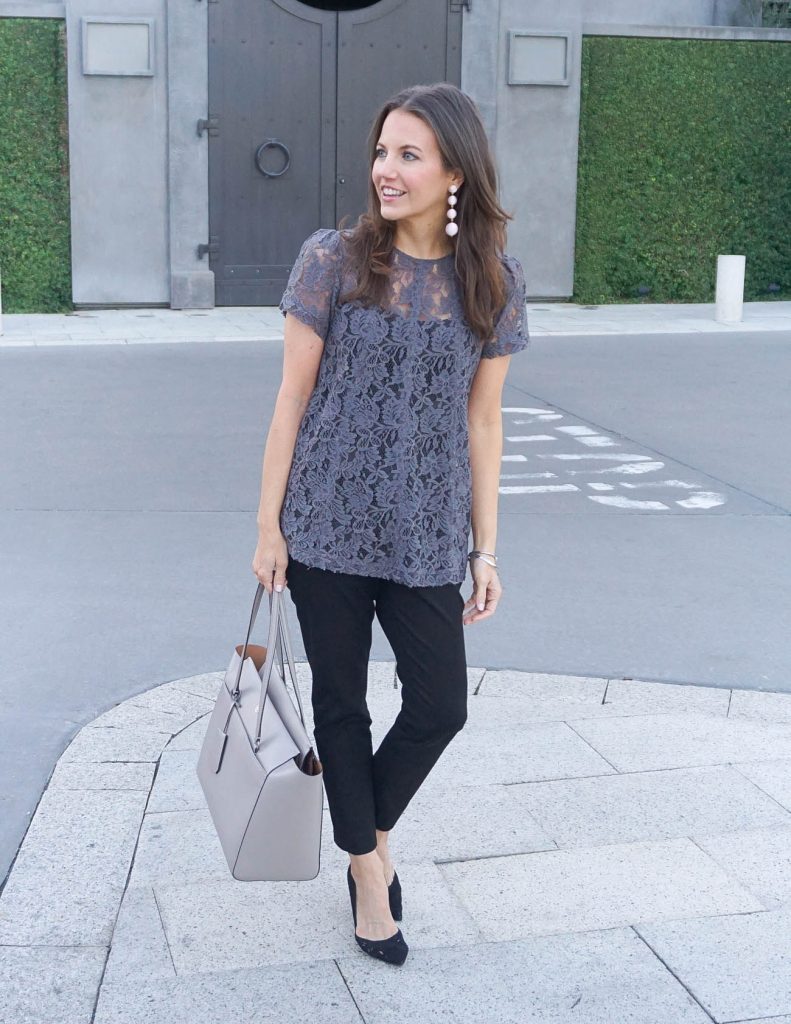 Work Outfit | Gray Lace Blouse | Black Slacks | Houston Fashion Blogger Lady in Violet