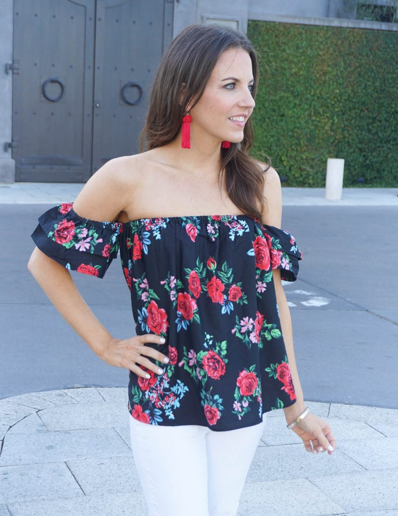 Spring Outfit | Rose Off the Shoulder Top | Red Statement Earrings | Houston Fashion Blogger Lady in Violet