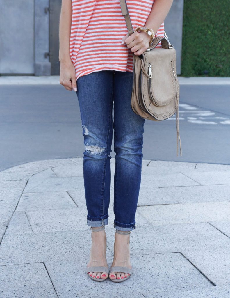 Weekend Outfit | Distressed Skinny Jeans | Taupe Block Heel Sandals | Houston Fashion Blogger Lady in Violet