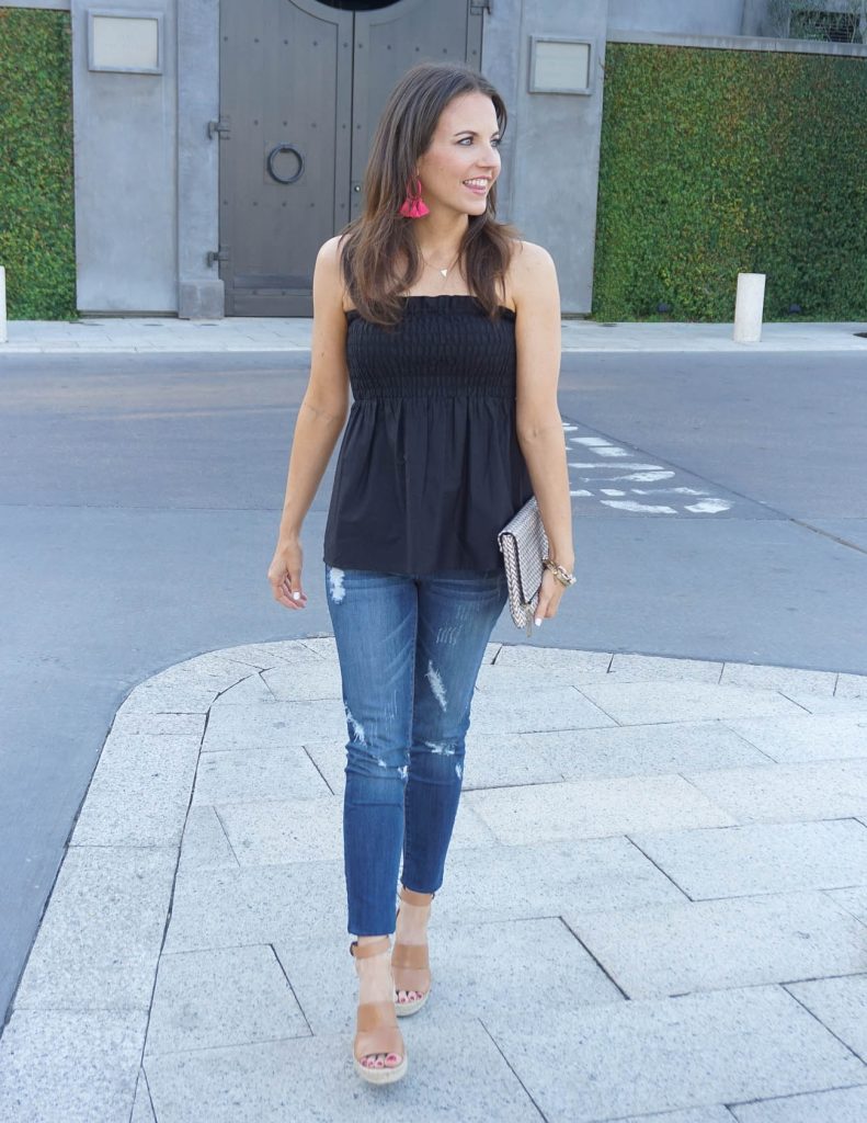Casual Outfit | Distressed Jeans | Strapless Black Top | Houston Fashion Blogger Lady in Violet