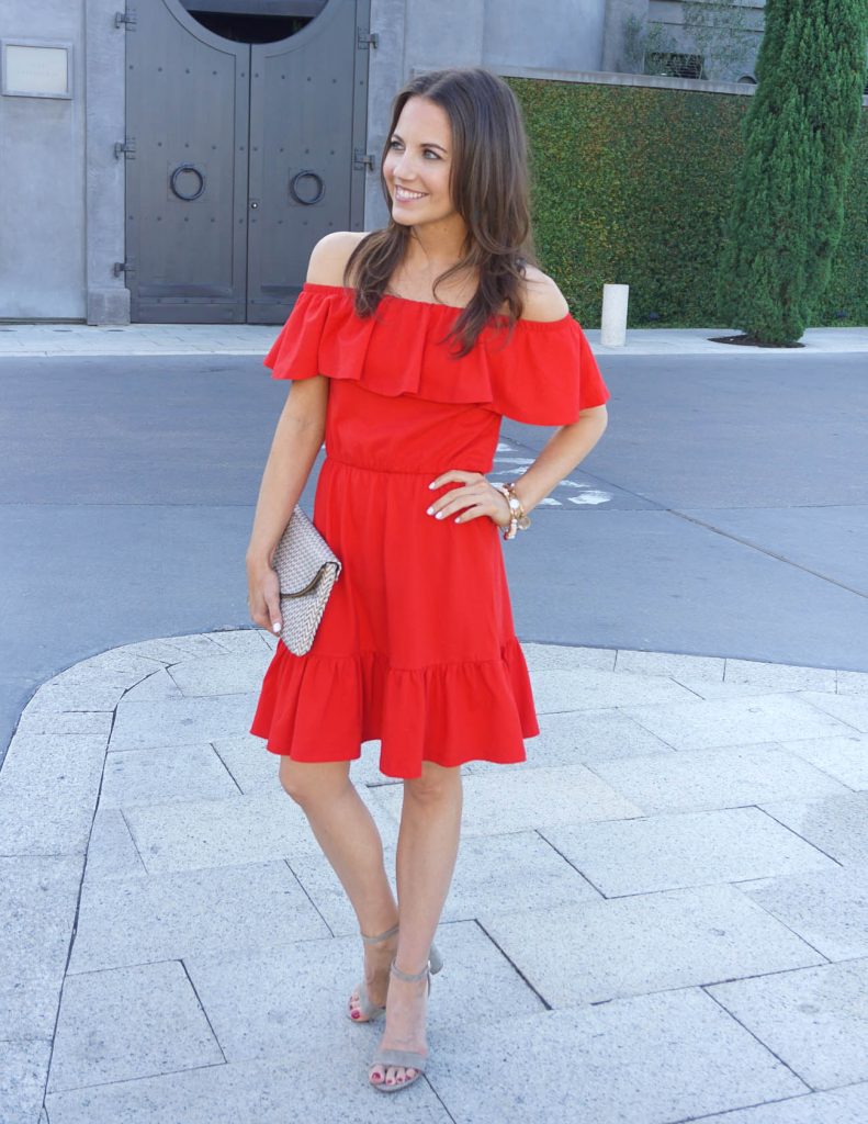 Summer Outfit | Red Off the Shoulder Dress | Taupe Heels | Houston Fashion Blogger Lady in Violet