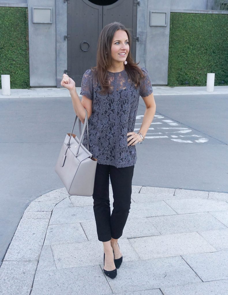 Workwear | Gray Lace Blouse | Black Ankle Pants | Houston Fashion Blogger Lady in Violet