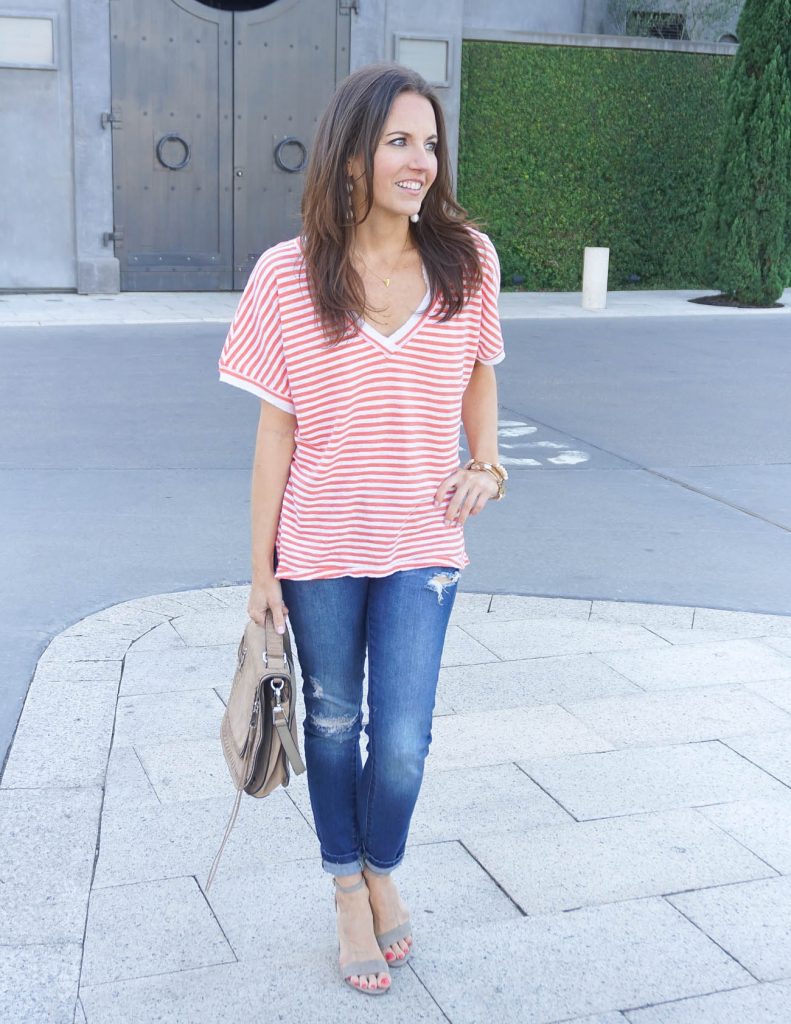 Casual Outfit | Oversized Striped Tee | Block Heel Sandals | Houston Fashion Blogger Lady in Violet