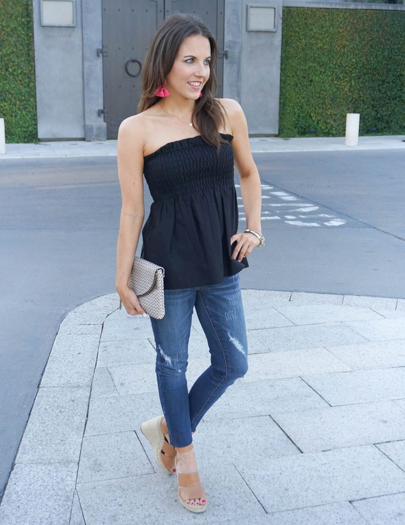 Casual Summer Outfit | Black Tube Top | Distressed Jeans | Houston Fashion Blogger Lady in Violet