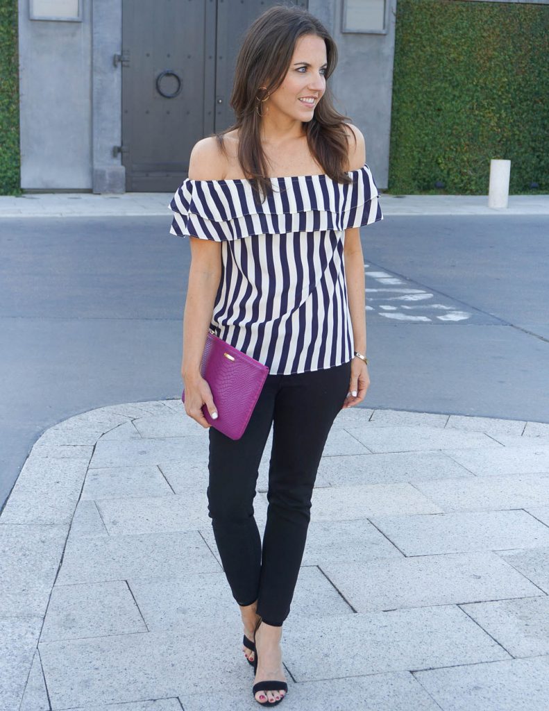 Dressy Casual Outfit | Striped Off the Shoulder Top | Black Skinny Jeans | Houston Fashion Blogger Lady in Violet