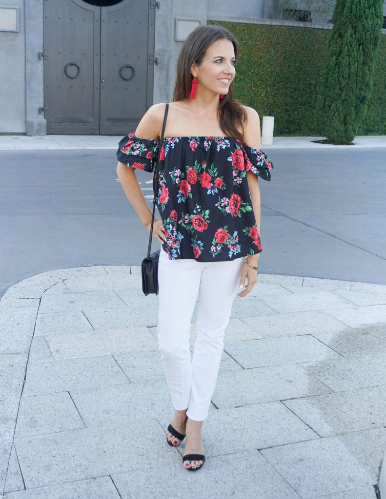 Summer Outfit | Off the Shoulder Top | Block Heel Sandals | Houston Fashion Blogger Lady in Violet