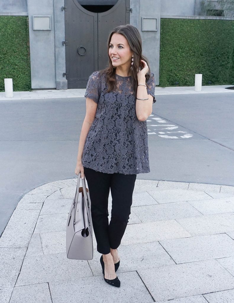 Work Outfit | Gray Lace Blouse | Black Pants | Houston Fashion Blogger Lady in Violet