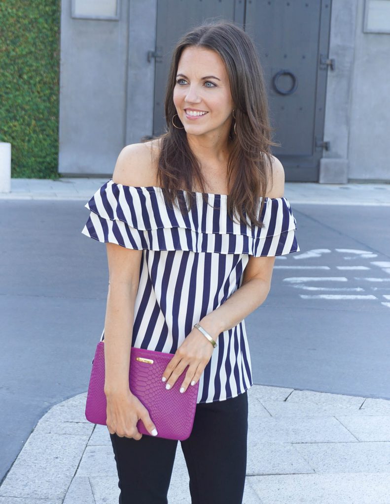 Summer Outfit | Striped OTS Top | Dark Pink clutch | Houston Fashion Blogger Lady in Violet