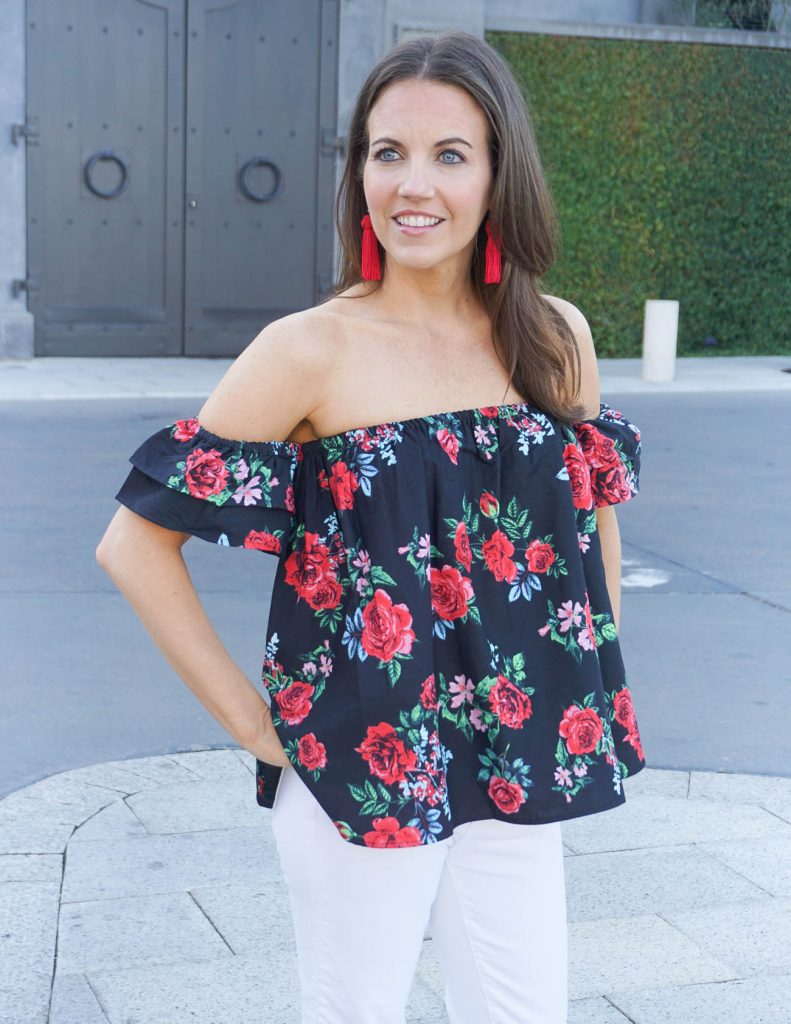 Weekend Outfit | Floral Off the Shoulder Top | Red Statement Earrings | Houston Fashion Blogger Lady in Violet