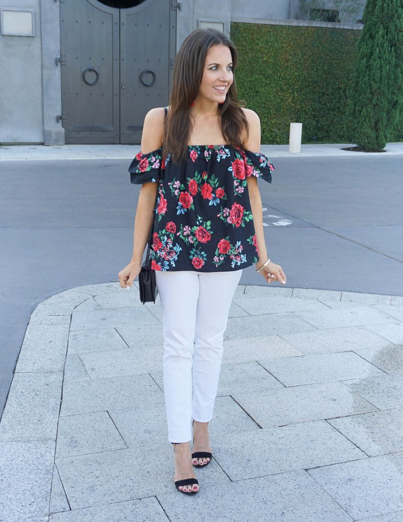 Date Night Outfit | Floral Off the Shoulder Top | White Skinny Jeans | Houston Fashion Blogger Lady in Violet