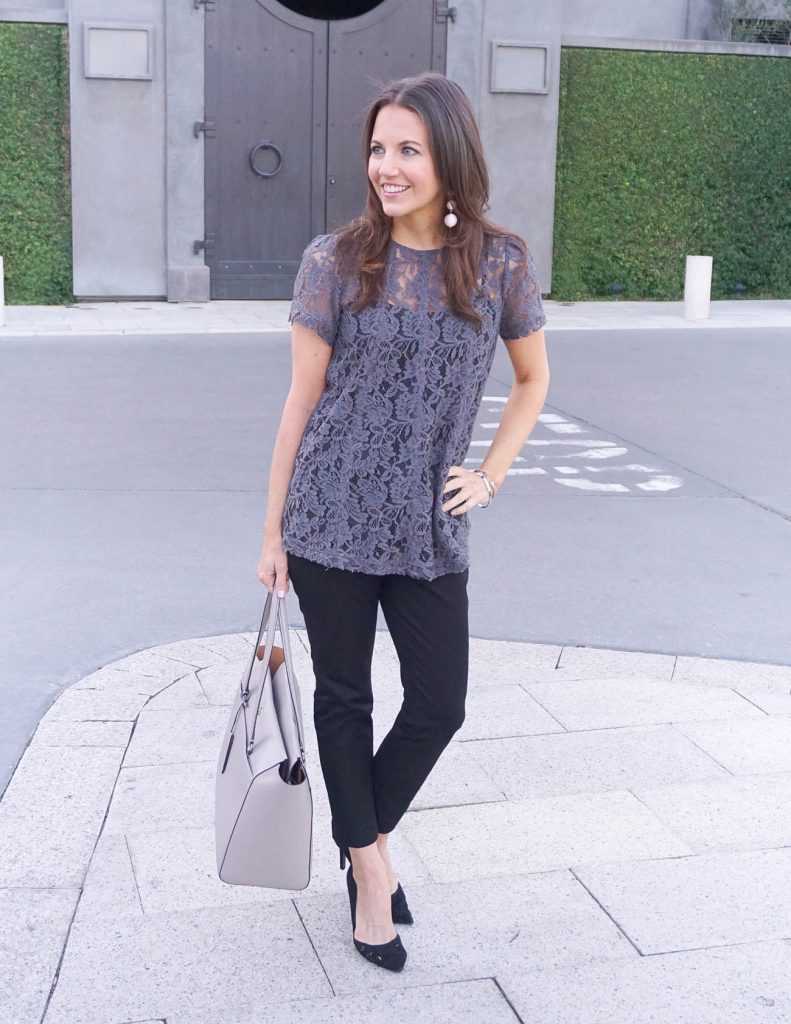 Workwear | Gray Lace Blouse | Black Ankle Pants | Houston Fashion Blogger Lady in Violet
