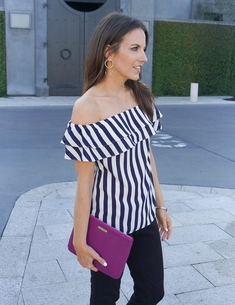 Girls night out outfit | Double Hoop Earrings | Asos Ruffle Off the Shoulder Top | Houston Fashion Blogger Lady in Violet