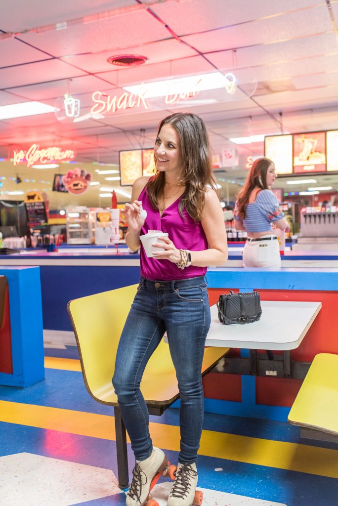 Roller Skating Party Outfit | Bodysuit | Dark Jeans | Houston Fashion Blogger Lady in Violet