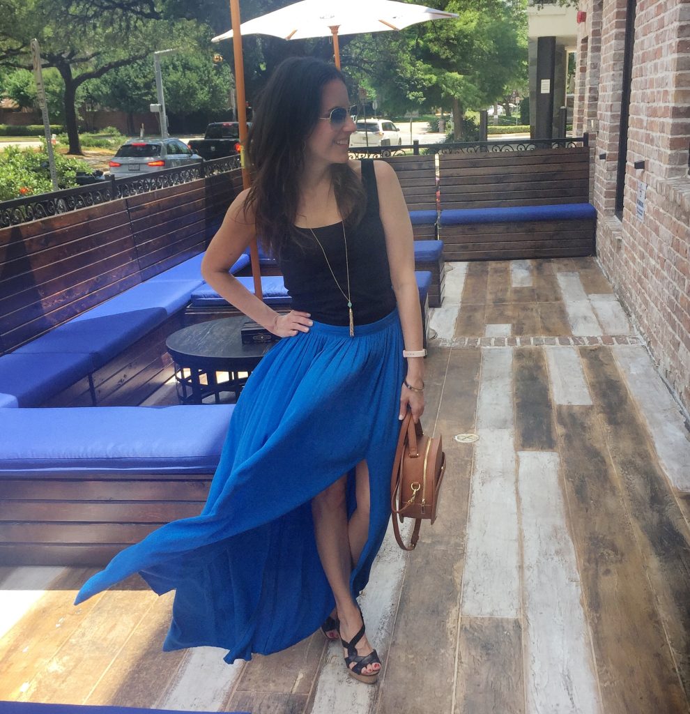 Summer Brunch Outfit | Black Tank Top | Blue Maxi Skirt | Houston Fashion Blogger Lady in Violet