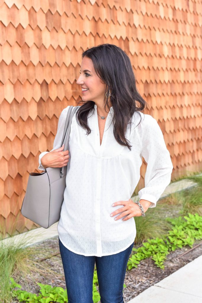 fall outfit | white bib blouse | tory burch tote bag | Houston Fashion Blogger Lady in Violet