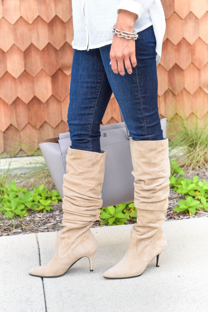 casual fall outfit | stuart weitzman slouchy boots | dark skinny jeans | Houston Fashion Blogger Lady in Violet